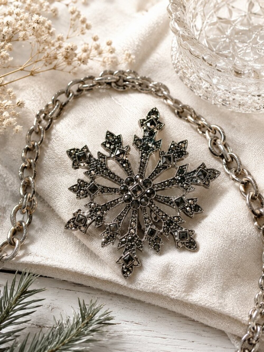 Vintage Sterling Silver Marcasite Snowflake Pendant Enhancer 925
